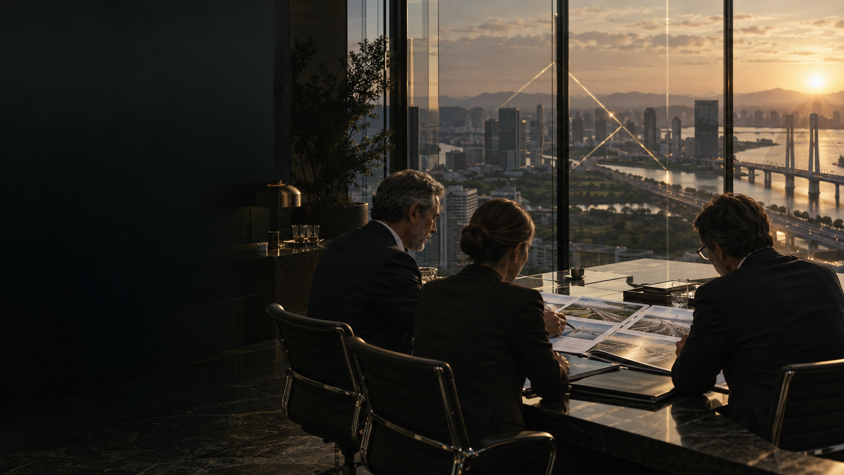 Lideranças empresariais analisando um projeto em ambiente corporativo