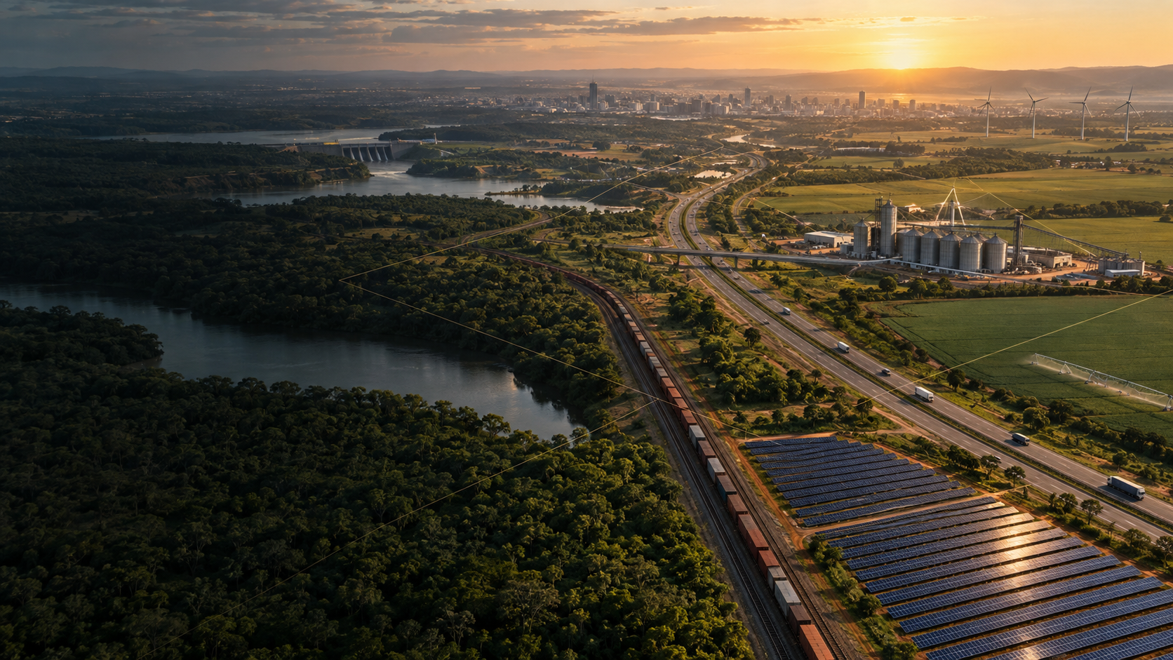 Infraestrutura, produção e energia renovável integradas em paisagem brasileira
